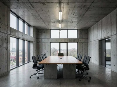 A conference room in a brutalist civic building — concrete ceiling, long table, 