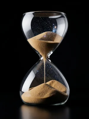 Hourglass containing desert sand dunes and starry sky, double exposure