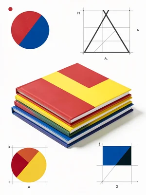 Stack of square books, spines flush, color-blocked covers in red, yellow, blue