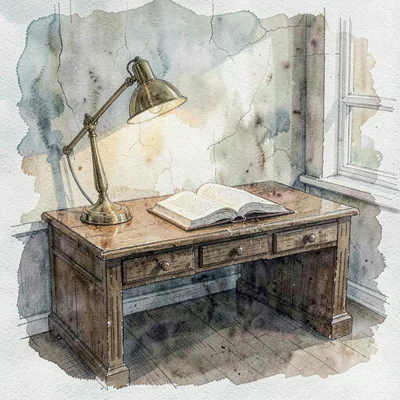 Watercolor of an oak desk with an open specimen book under a brass lamp