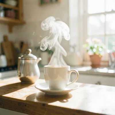Morning coffee steam rising in a sunlit kitchen