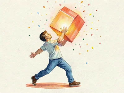 Mid-stride, a figure lifts a glowing coral cube larger than their body across a