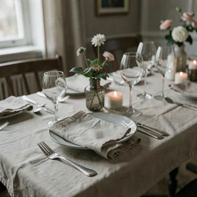 Raw linen napkins folded on an unset table, dinner party that hasn't started or 