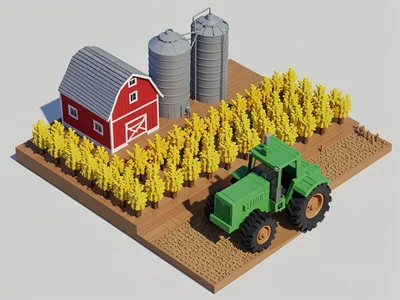 A farm scene with a red barn, silos, yellow corn rows, and a green tractor made 
