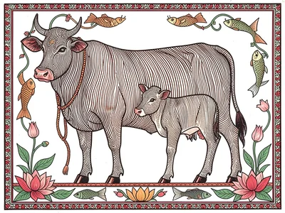 Cow and calf standing together, their bodies filled with parallel line texture