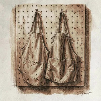 Joaquin-ramirez atmospheric of a worn apron hanging on a hook beside a tall pegb