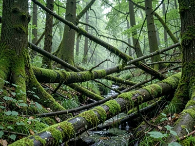 Fallen branches creating moss bridges