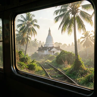 Tropical light on Sri Lankan colonial decay, Buddhist stupa visible through trai