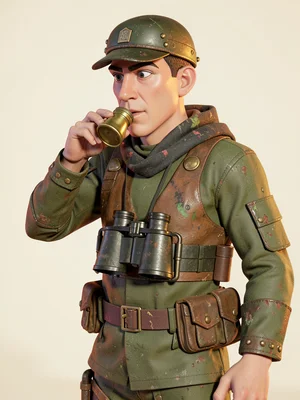 With binoculars hanging from his neck, the observer lifts a brass flask to his l