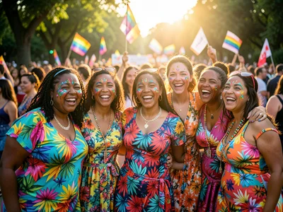 Group of friends in colorful outfits at pride march, face paint, joy