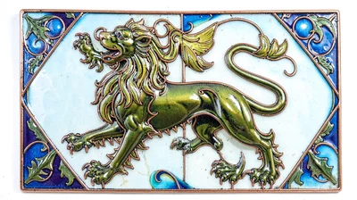 Cloisonné enamel illustration, lion rampant heraldic , copper wire outlines, gla