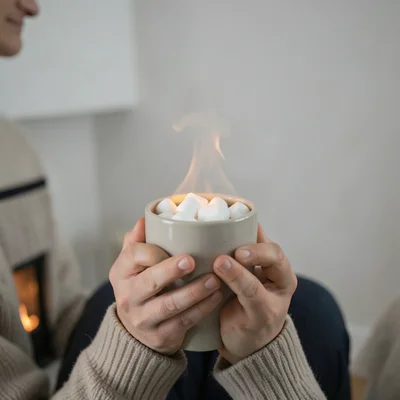 Hands cupping hot chocolate with marshmallows, fireplace glow on face