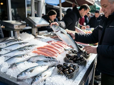 A fishmonger at an outdoor market, their stand a wall of crushed ice with fish a