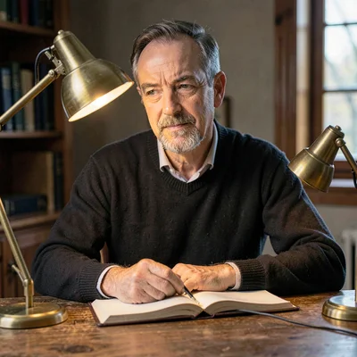 Studio portrait of a novelist at a desk under a brass lamp, an open notebook in 