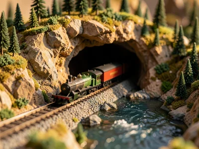A model train emerging from a mountain tunnel, the mountain cut away to show the