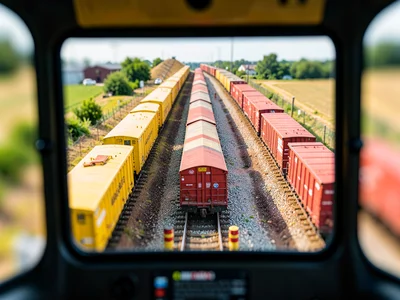 Industrial railhead tilt-shift photograph from a crane cab, saturated mustard ta