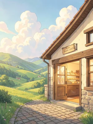 Bakery with an open door on a cobblestone street, warm light inside, bread in wi