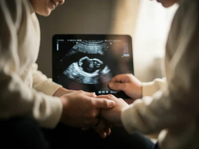 Ultrasound screen showing heartbeat in focus, expectant parents soft shapes hold
