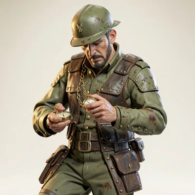 The courier checks a brass pocket-watch chained to his vest, leaning sideways as