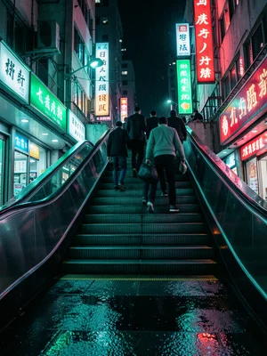 A Hong Kong escalator at night, wet steps reflecting neon pharmacy green and res