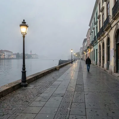 Quietly elegant photograph with Uruguayan sensibility, The Rambla at dusk, infin
