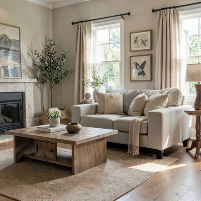 staged model home living room with neutral furnishings and styled accessories