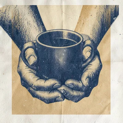 Riso poster motif of halftone hands cradling a halftone cup in indigo and ochre,