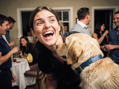 Person turning to discover their dog behind them at a house party, pure delight 