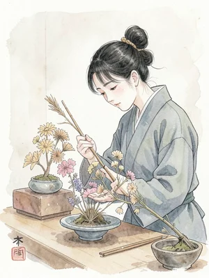 Person arranging dried flowers into an ikebana composition, minimal workspace, f