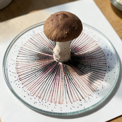 Spore print in progress on glass plate, mushroom still sitting on surface, spore