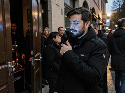 Person waiting for Uber outside party, phone glow on face, muffled bass from ins