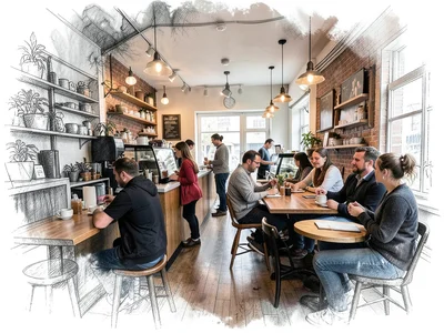 Coffee shop interior, people are photorealistic but environment dissolves into c
