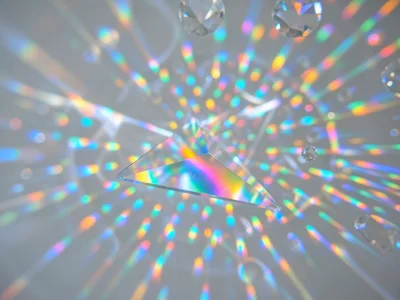Dense cluster of rainbow caustic reflections from a chandelier crystal on a whit