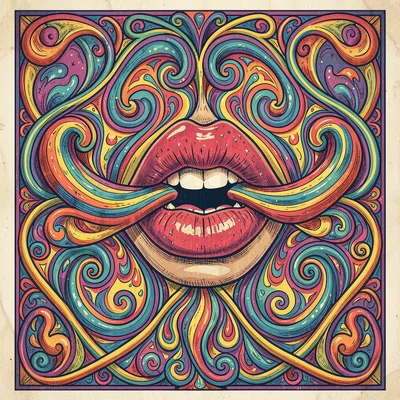 Psychedelic poster illustration, lips speaking waves of visible sound , vibratin