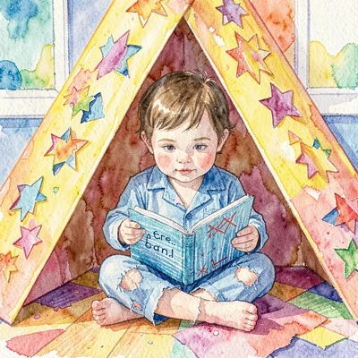 A toddler in torn-paper pajamas reading a crayon storybook under a paper-cut bla