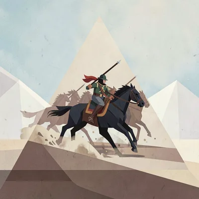 Flat geometric battle banner of cavalry charging in a triangle formation, geomet