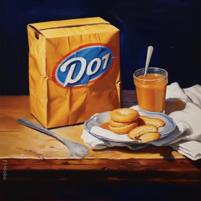 Oil painting of a kraft dinner box on a table. nature