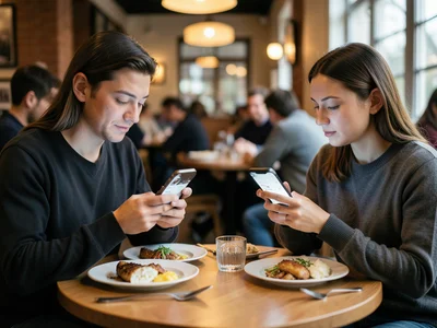 Two people at a restaurant table, both looking at their phones in companionable 
