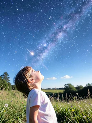 Wonder — child looking up at personal meteor shower, daytime, only they can see