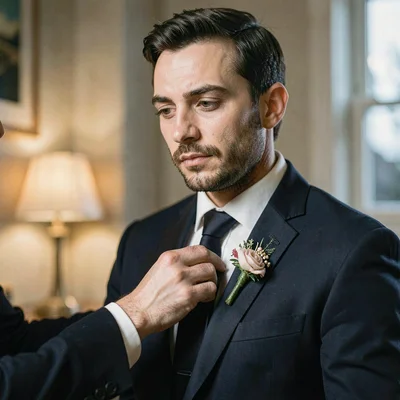 Quiet portrait of a planner pinning a boutonniere onto a groom's lapel, single s