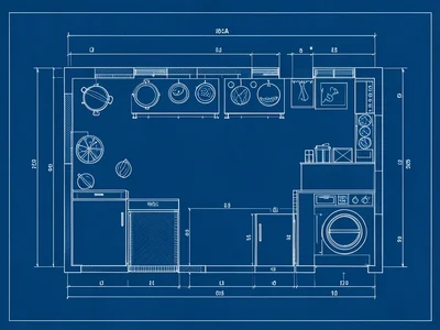 A floor plan of a restaurant kitchen: stations (grill, sauté, pastry, cold), wal