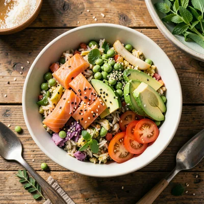 Overhead flat lay of a colorful poke bowl with salmon, avocado, edamame, and ses