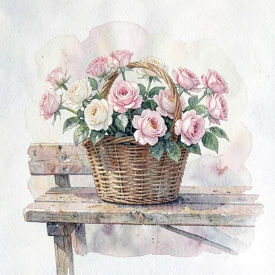 Wash study of a basket of cut roses on a worn wooden bench, soft pigment bleed