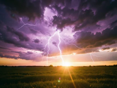 Lightning bolt branching across a violet thunderstorm sky, multiple forks illumi