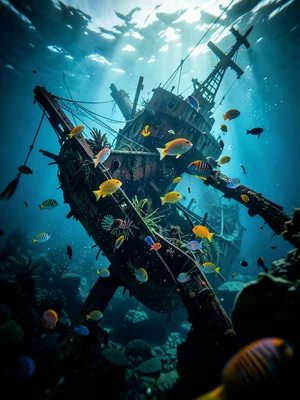 Diver silhouette filled with shipwreck and tropical fish, double exposure