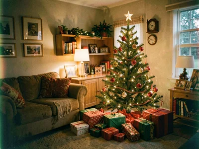 Suburban living room Christmas morning, aluminum tree, presents, Kodachrome warm