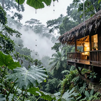 Cloud forest mist layers in Costa Rica, Rain dripping off elephant ear leaves, e