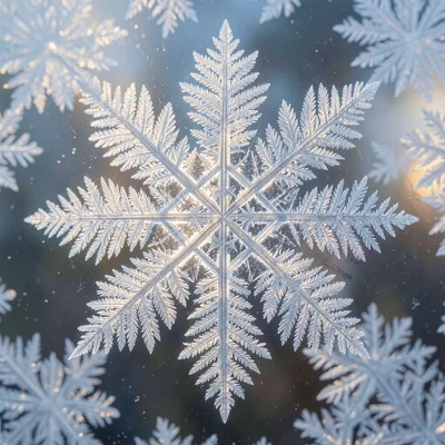 Close-up of a single frost crystal: six-fold symmetry visible, the hexagonal ice