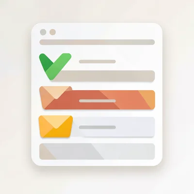 Flat vector of an inbox-style list of newsletter cards, rounded corners, no text