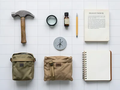 A geologist's field kit: hammer, hand lens, acid bottle, streak plate, compass, 